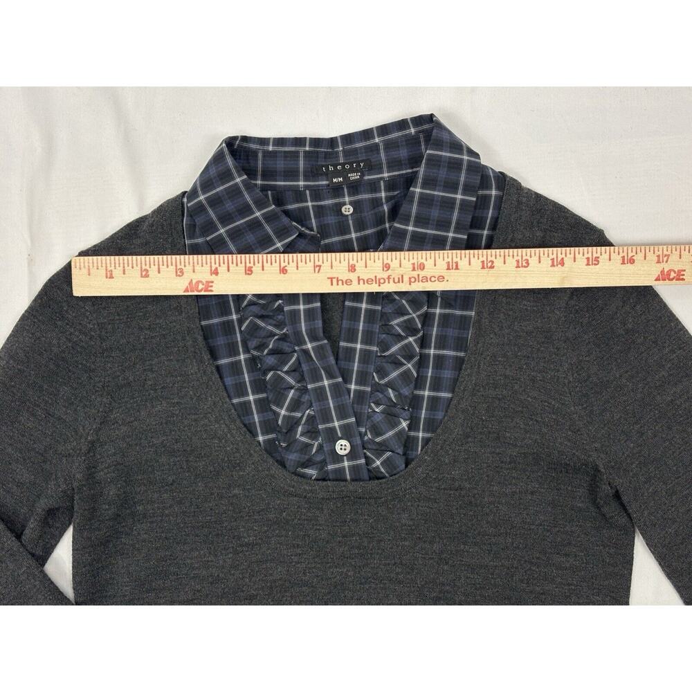 Theory Sweater Women's Medium Black Blue Plaid Ruffle Attached Shirt Collar Wool - Picture 9 of 13